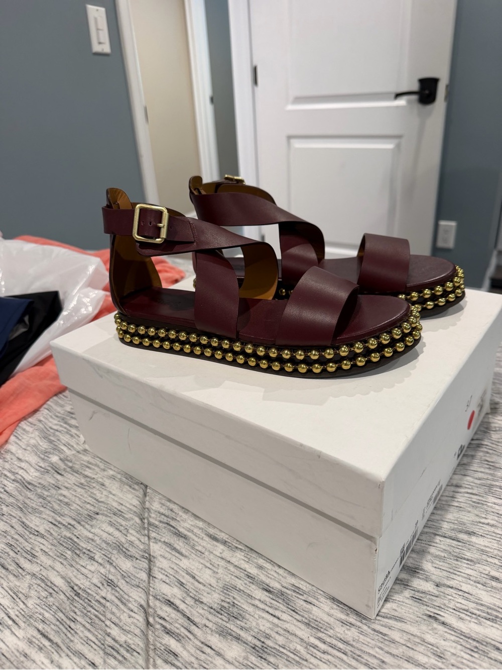 Chloe Burgundy Leather Stud-Trim Platform Sandals